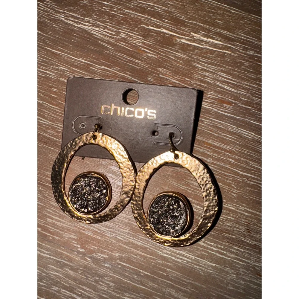Chicos Statement Drop Earrings Gold Tone Hammered Druzy Center‎